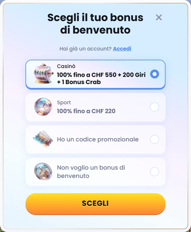 Primo passo di registrazione su CasinoLab Casino con selezione del bonus di benvenuto.