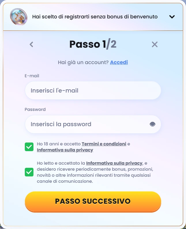 Secondo passo di registrazione su CasinoLab Casino con campi e-mail e password.