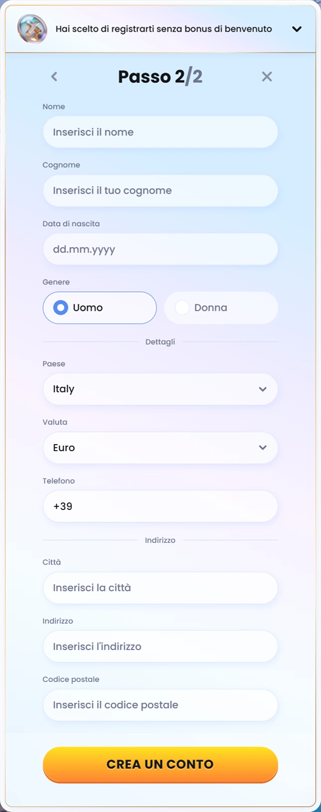 Terzo passo di registrazione su CasinoLab Casino con dati personali e indirizzo.