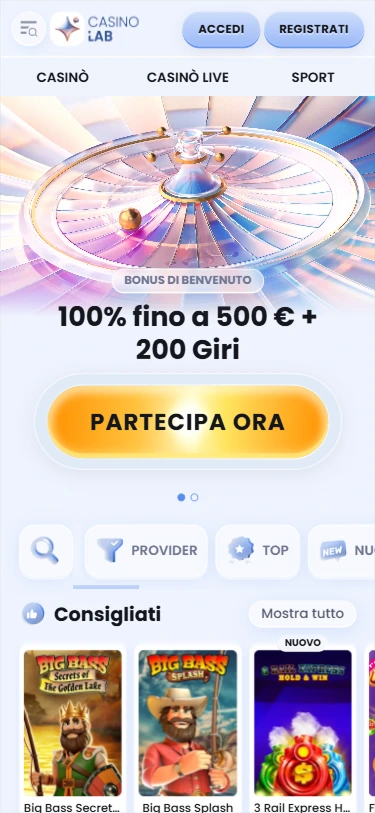 Home page mobile di CasinoLab Casino con bonus di benvenuto e pulsanti di navigazione.