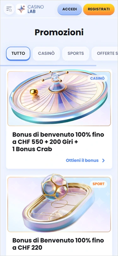 Pagina promozioni mobile di CasinoLab Casino con offerte di benvenuto per casinò e sport.