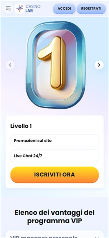 Pagina mobile dei livelli VIP di CasinoLab Casino con vantaggi e pulsante di iscrizione.